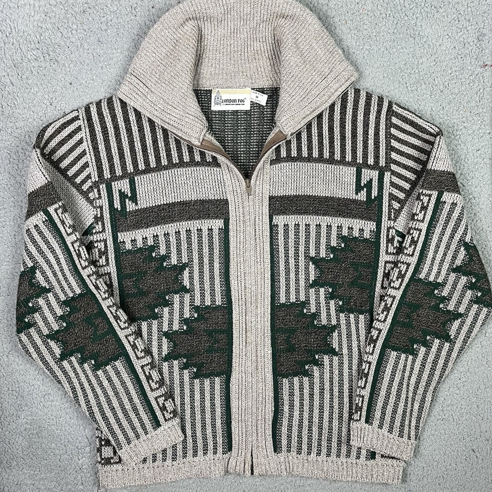 Vintage London Fog Sweater Mens Medium Full Zip Knit Acrylic Sweatshirt USA 90s